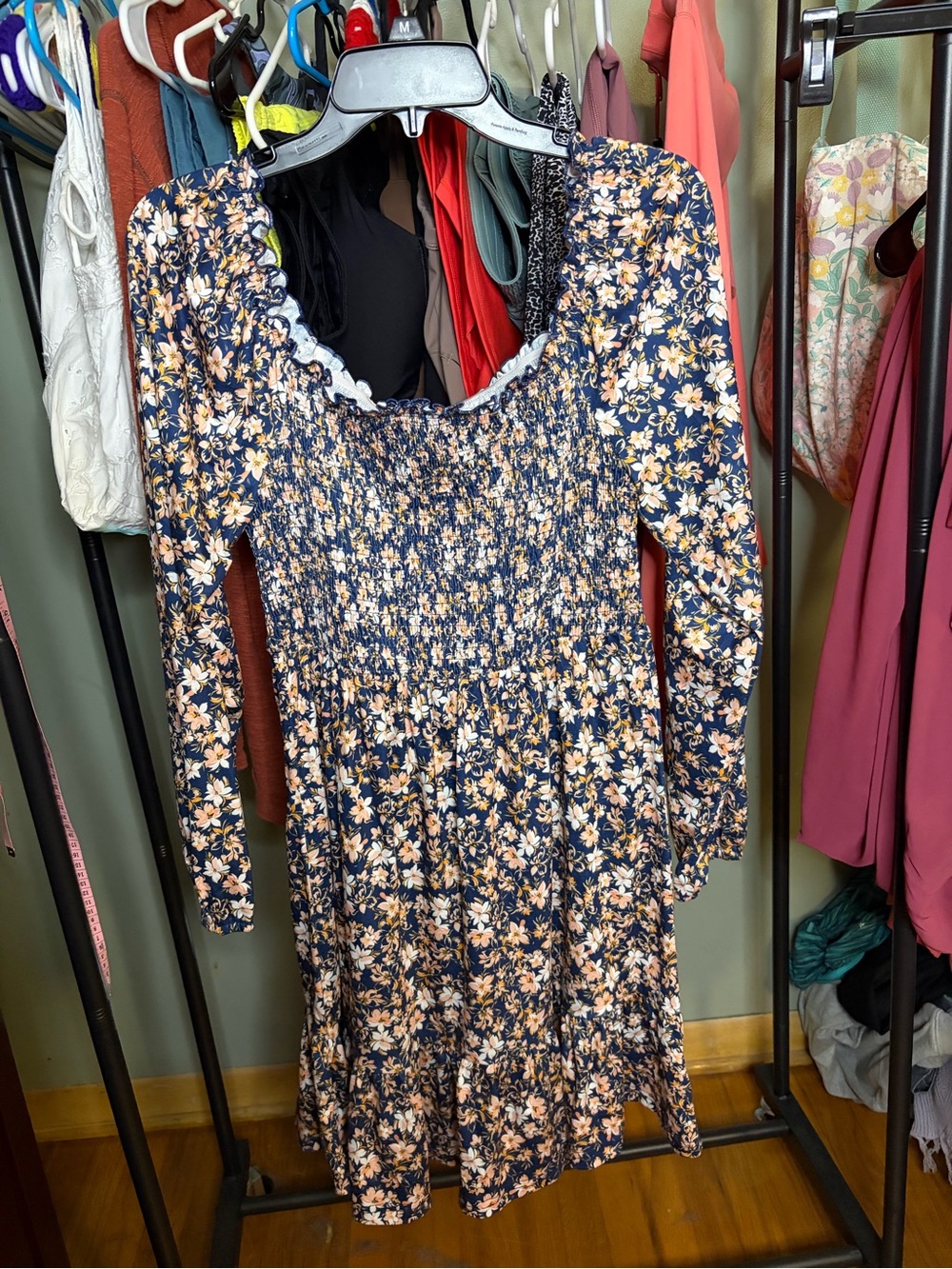 Smocked Long-Sleeve Floral Midi Dress in Navy and Cream